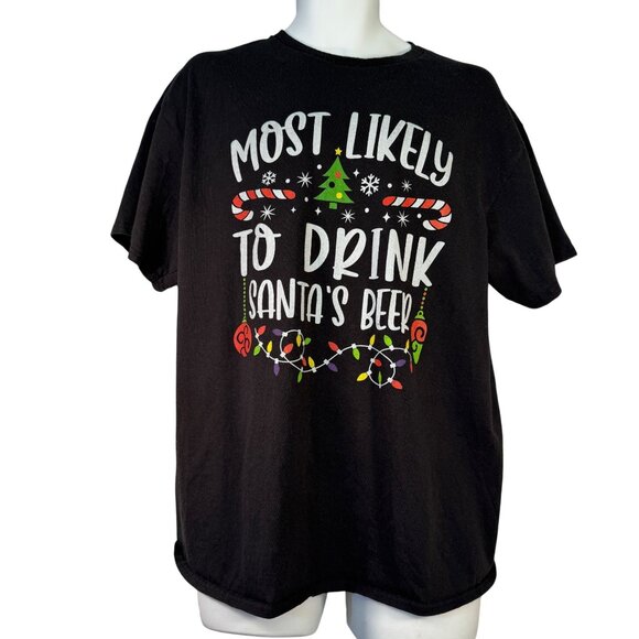 Funny Christmas Graphic Tee Most Likely To Drink Santas Beer Black Shirt Size XL - Picture 1 of 3